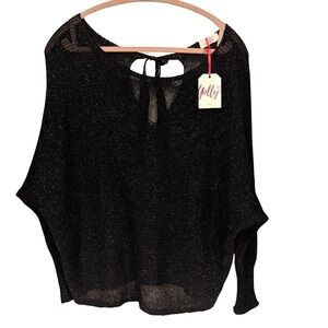 Yolly Italy Metallic Knit Top OS Black Silver Batwing Mesh Ribbon Tie‎ Sparkle